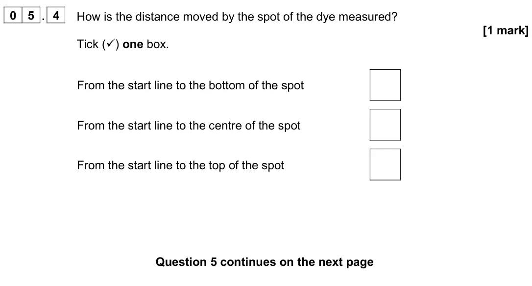 June 2025 Paper 2 Foundation, question 05.4: How is the distance moved by the spot of the dye measured? [1 mark] Tick () one box. From the start line to the bottom of the spot From the start line to the c