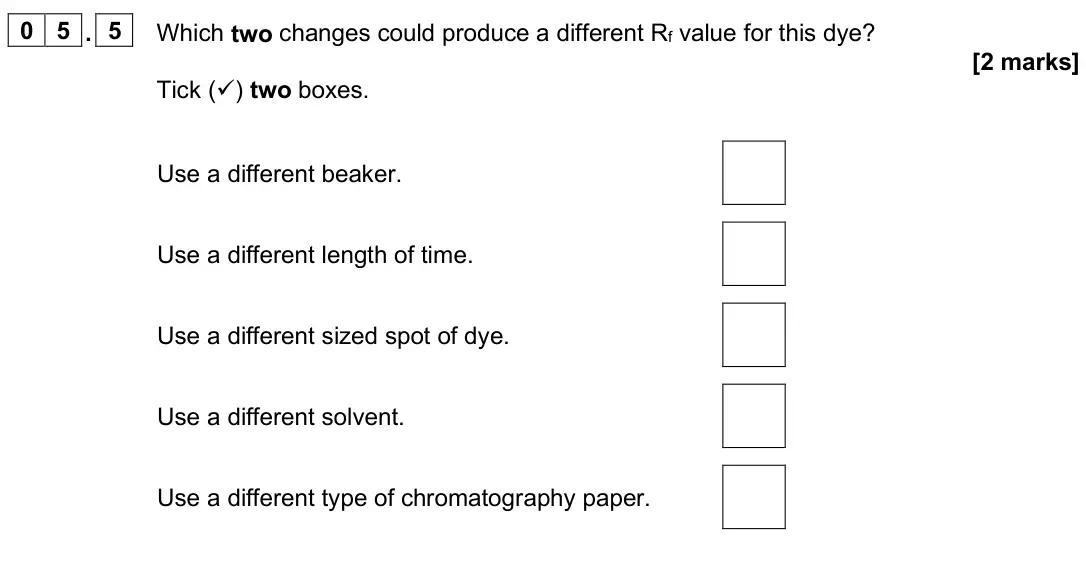 June 2025 Paper 2 Foundation, question 05.5: Which two changes could produce a different Rf value for this dye? [2 marks] Tick () two boxes. Use a different beaker. Use a different length of time. Use a d