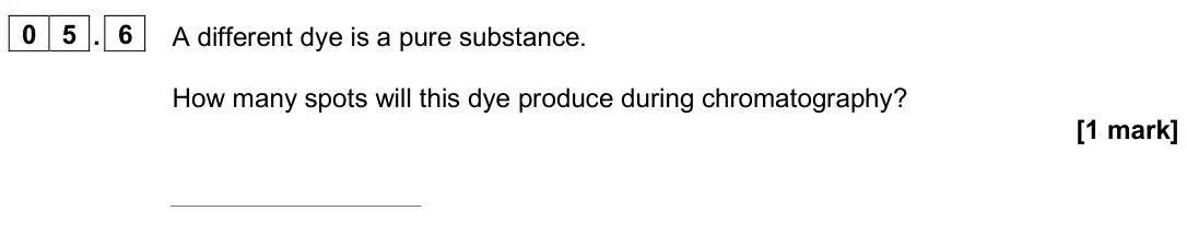 June 2025 Paper 2 Foundation, question 05.6: A different dye is a pure substance. How many spots will this dye produce during chromatography? [1 mark]