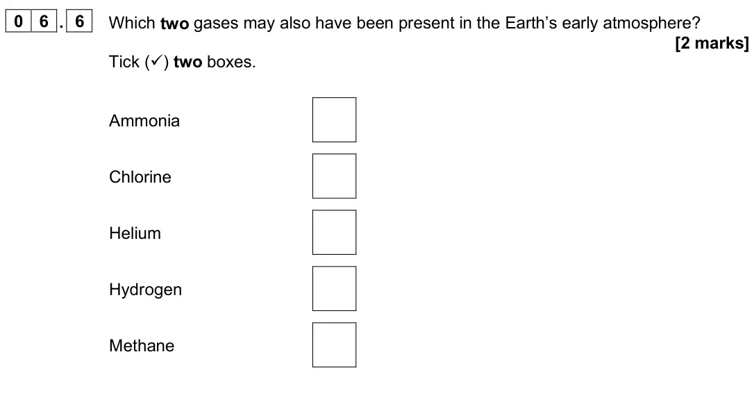 June 2025 Paper 2 Foundation, question 06.6: Which two gases may also have been present in the Earth’s early atmosphere? [2 marks] Tick () two boxes. Ammonia Chlorine Helium Hydrogen Methane