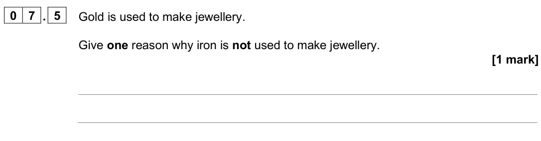 June 2025 Paper 2 Foundation, question 07.5: Gold is used to make jewellery. Give one reason why iron is not used to make jewellery. [1 mark]