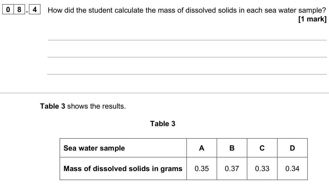 June 2025 Paper 2 Foundation, question 08.4: How did the student calculate the mass of dissolved solids in each sea water sample? [1 mark] Table 3 shows the results. Table 3 Sea water sample A B C D Mass o