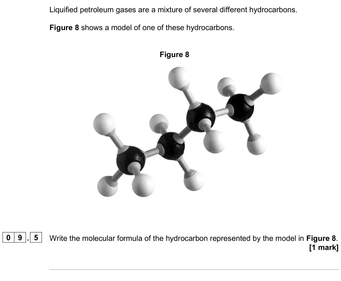 June 2025 Paper 2 Foundation, question 09.5: Write the molecular formula of the hydrocarbon represented by the model in Figure 8. [1 mark]