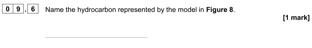 June 2025 Paper 2 Foundation, question 09.6: Name the hydrocarbon represented by the model in Figure 8. [1 mark]