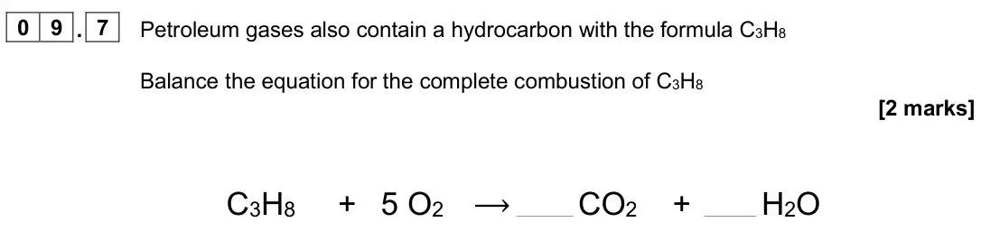 June 2025 Paper 2 Foundation, question 09.7: Petroleum gases also contain a hydrocarbon with the formula C3H8 Balance the equation for the complete combustion of C3H8 [2 marks] C3H8 + 5 O2 ⟶ CO2 + H2O