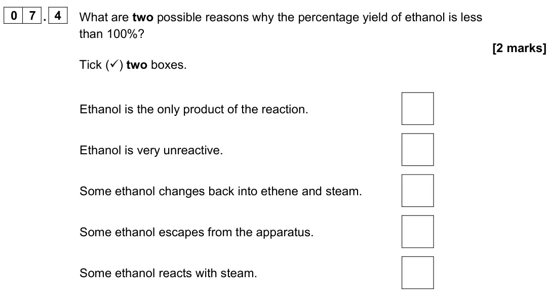 November 2021 Paper 2 Foundation, question 07.4: What are two possible reasons why the percentage yield of ethanol is less than 100%? [2 marks] Tick () two boxes. Ethanol is the only product of the reaction. 