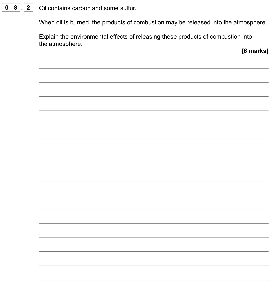 November 2021 Paper 2 Foundation, question 08.2: Oil contains carbon and some sulfur. When oil is burned, the products of combustion may be released into the atmosphere. Explain the environmental effects of re