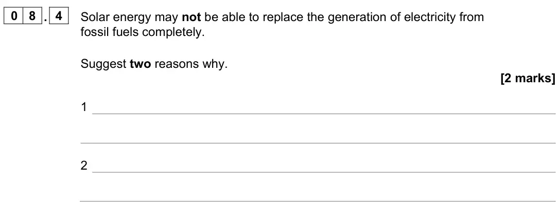 November 2021 Paper 2 Foundation, question 08.4: Solar energy may not be able to replace the generation of electricity from fossil fuels completely. Suggest two reasons why. [2 marks] 1 2