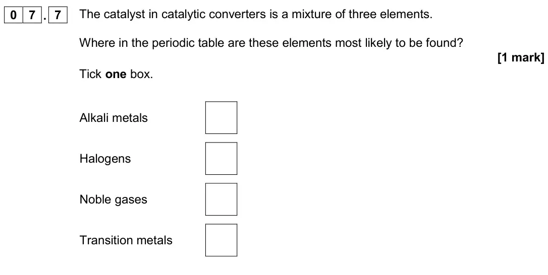 June 2018 Paper 2 Higher, question 07.7: The catalyst in catalytic converters is a mixture of three elements. Where in the periodic table are these elements most likely to be found? [1 mark] Tick one b