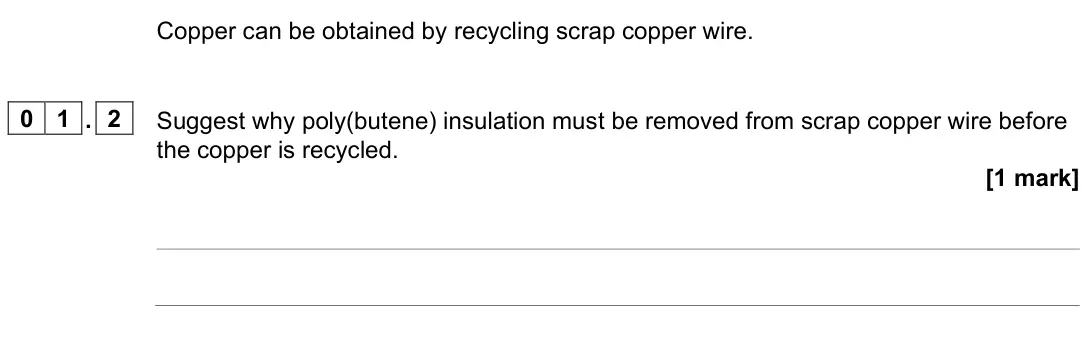 June 2022 Paper 2 Higher, question 01.2: Suggest why poly(butene) insulation must be removed from scrap copper wire before the copper is recycled. [1 mark]