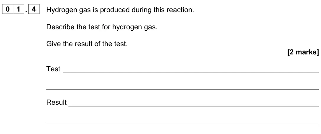 June 2023 Paper 2 Higher, question 01.4: Hydrogen gas is produced during this reaction. Describe the test for hydrogen gas. Give the result of the test. [2 marks] Test Result