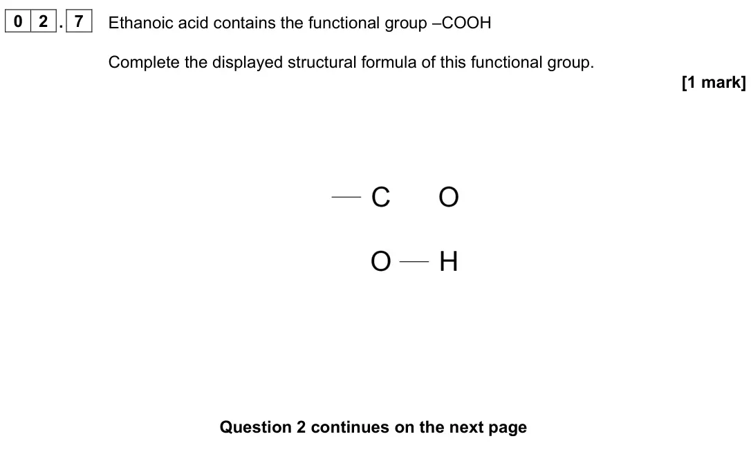 June 2023 Paper 2 Higher, question 02.7: Ethanoic acid contains the functional group –COOH Complete the displayed structural formula of this functional group. [1 mark]