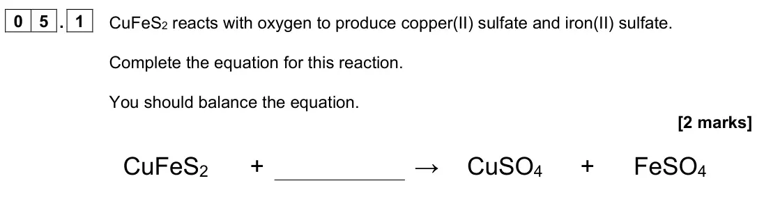 June 2023 Paper 2 Higher, question 05.1: CuFeS2 reacts with oxygen to produce copper(II) sulfate and iron(II) sulfate. Complete the equation for this reaction. You should balance the equation. [2 marks