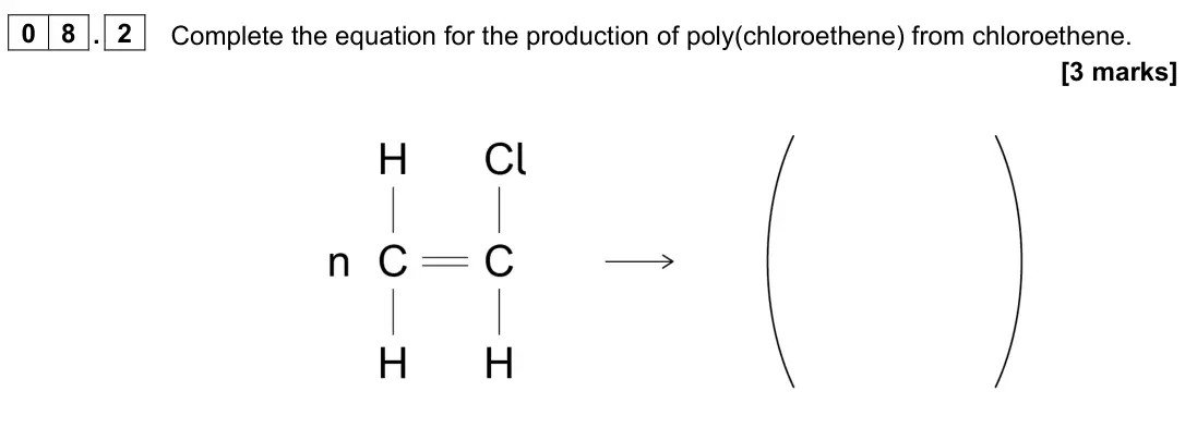 June 2023 Paper 2 Higher, question 08.2: Complete the equation for the production of poly(chloroethene) from chloroethene. [3 marks]