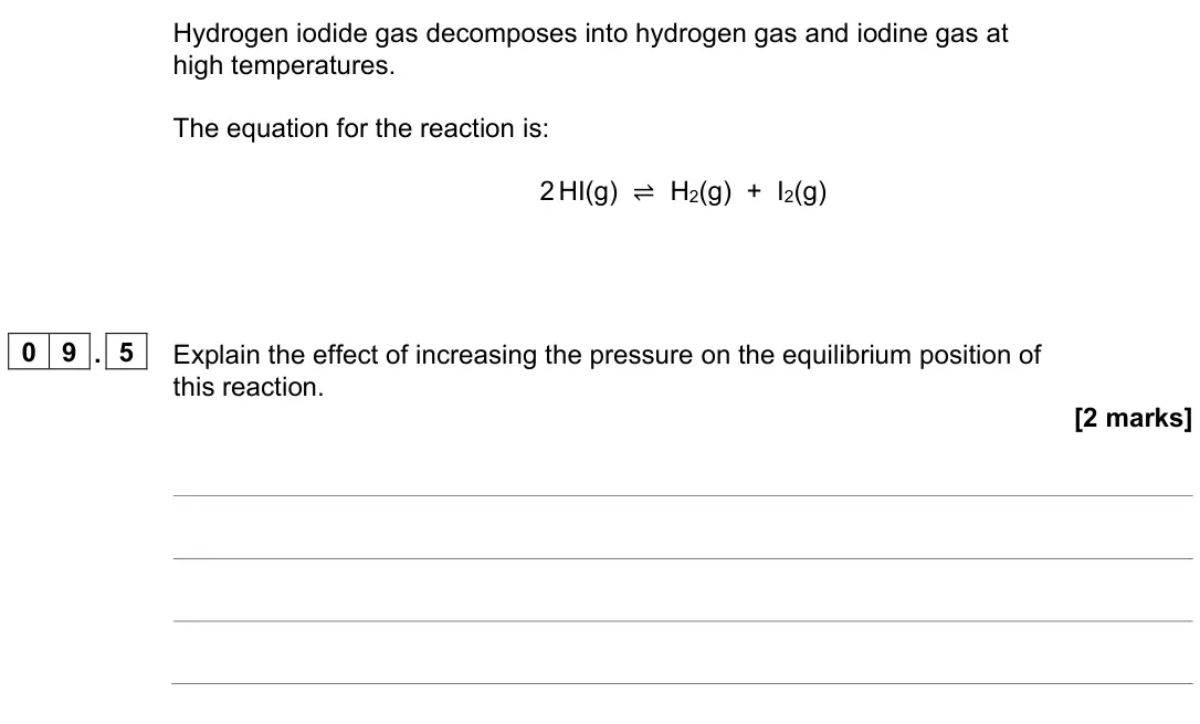 June 2023 Paper 2 Higher, question 09.5: Explain the effect of increasing the pressure on the equilibrium position of this reaction. [2 marks]