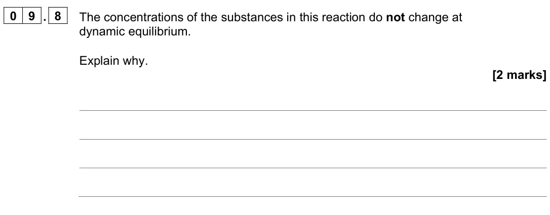 June 2023 Paper 2 Higher, question 09.8: The concentrations of the substances in this reaction do not change at dynamic equilibrium. Explain why. [2 marks]
