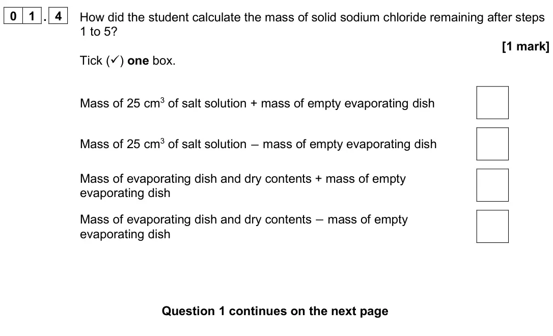 June 2024 Paper 2 Higher, question 01.4: How did the student calculate the mass of solid sodium chloride remaining after steps 1 to 5? [1 mark] Tick () one box. Mass of 25 cm3 of salt solution + mass 