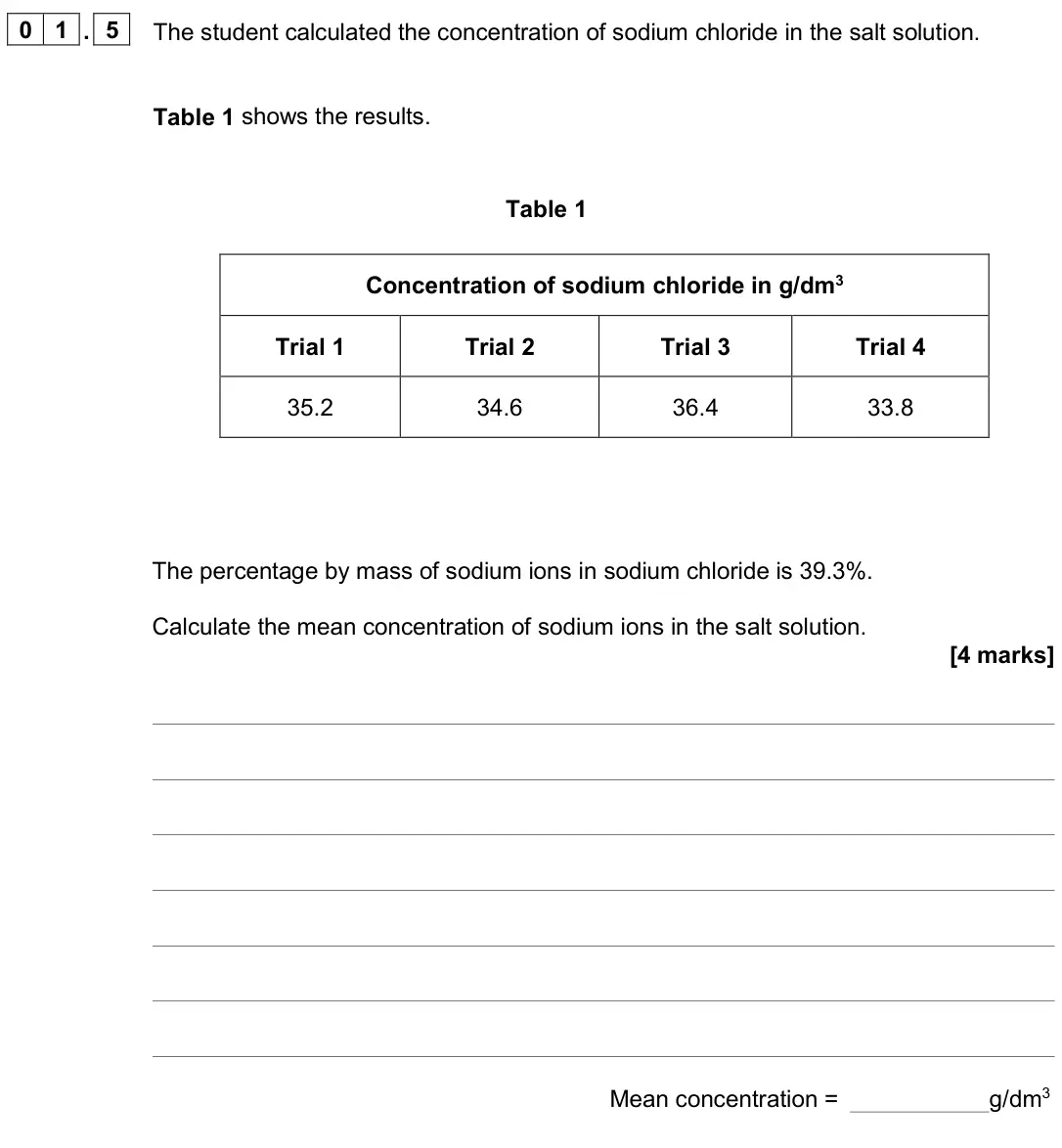 June 2024 Paper 2 Higher, question 01.5: The student calculated the concentration of sodium chloride in the salt solution. Table 1 shows the results. Table 1 Concentration of sodium chloride in g/dm3 T