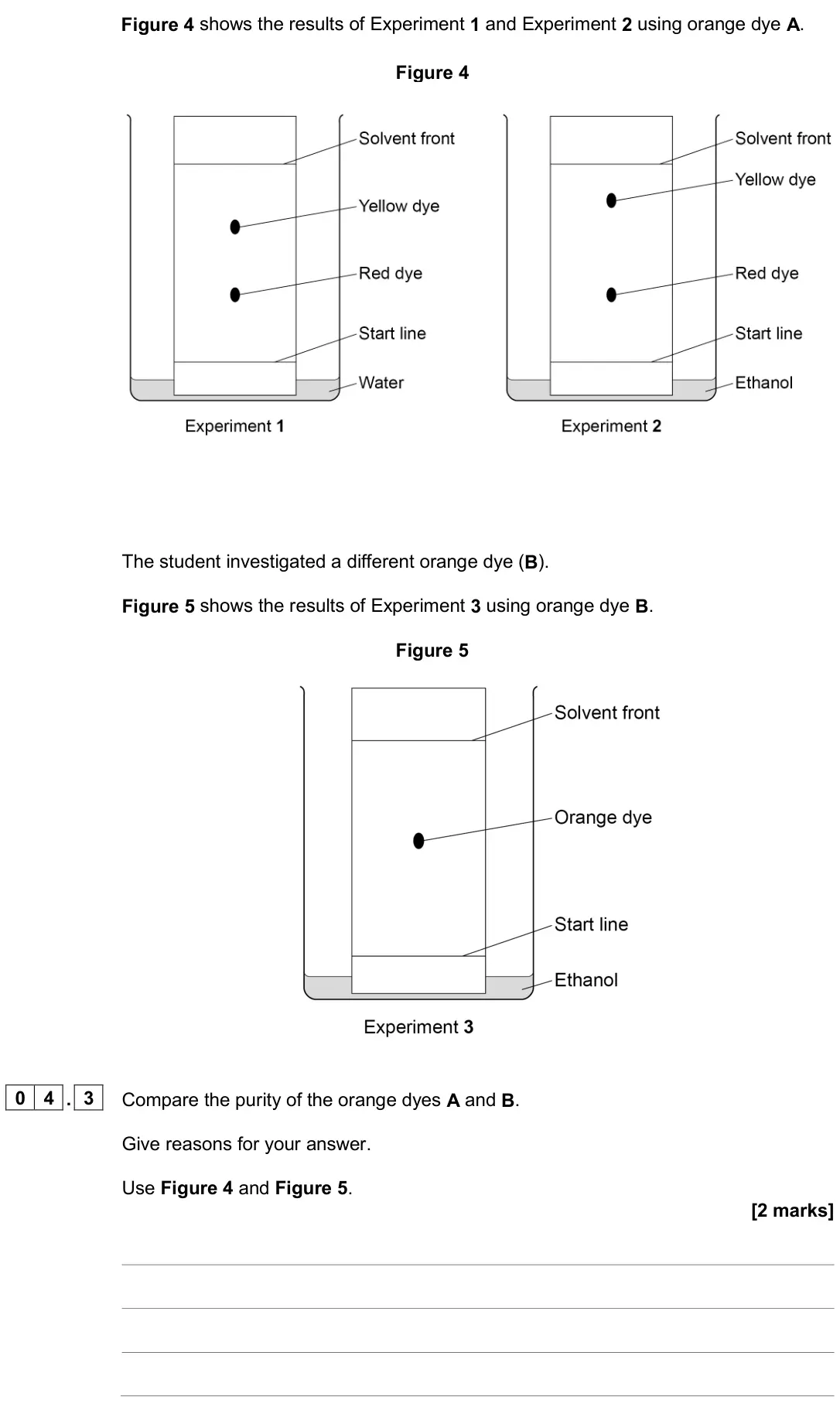 June 2024 Paper 2 Higher, question 04.3: Compare the purity of the orange dyes A and B. Give reasons for your answer. Use Figure 4 and Figure 5. [2 marks]