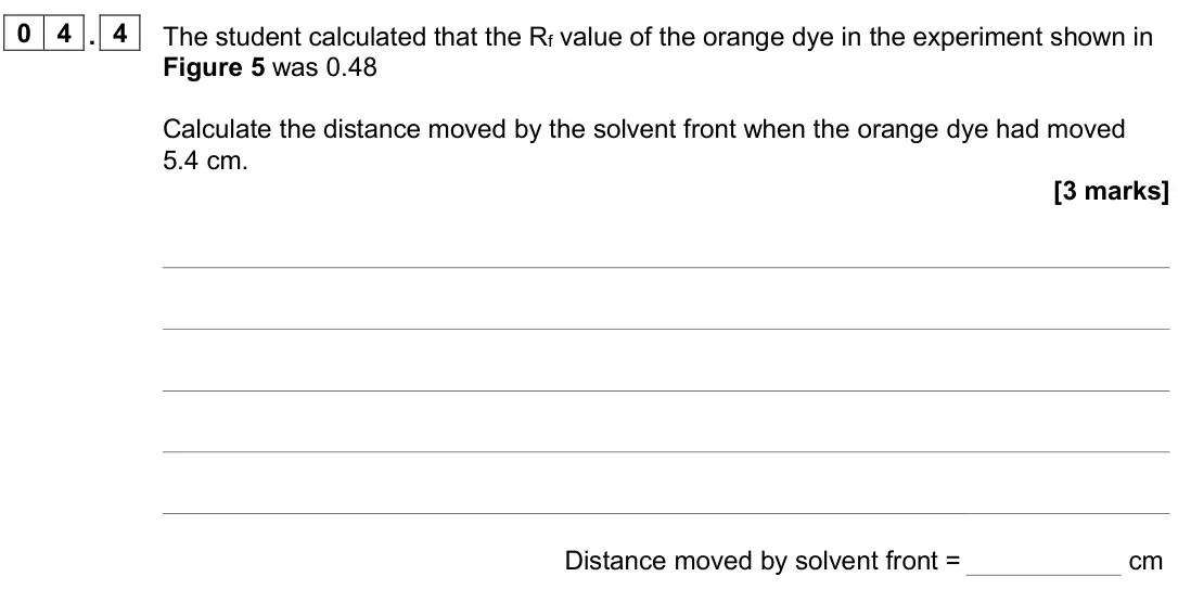 June 2024 Paper 2 Higher, question 04.4: The student calculated that the Rf value of the orange dye in the experiment shown in Figure 5 was 0.48 Calculate the distance moved by the solvent front when t