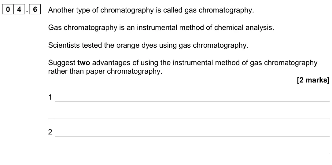 June 2024 Paper 2 Higher, question 04.6: Another type of chromatography is called gas chromatography. Gas chromatography is an instrumental method of chemical analysis. Scientists tested the orange dye