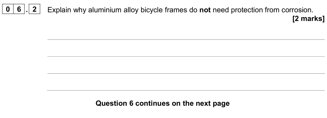 June 2024 Paper 2 Higher, question 06.2: Explain why aluminium alloy bicycle frames do not need protection from corrosion. [2 marks]
