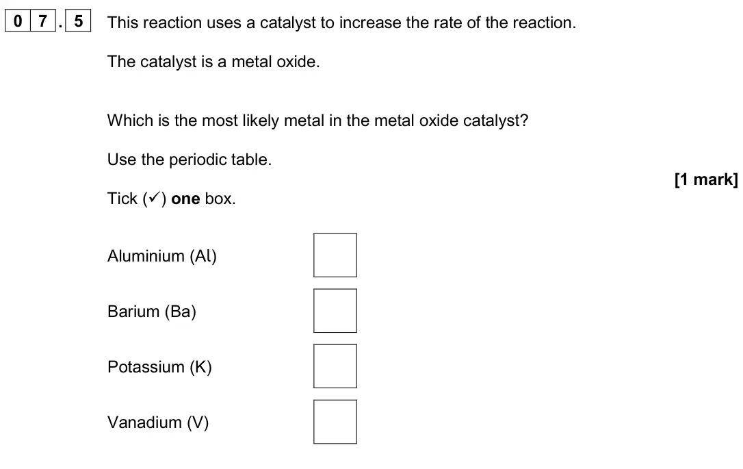 June 2024 Paper 2 Higher, question 07.5: This reaction uses a catalyst to increase the rate of the reaction. The catalyst is a metal oxide. Which is the most likely metal in the metal oxide catalyst? U