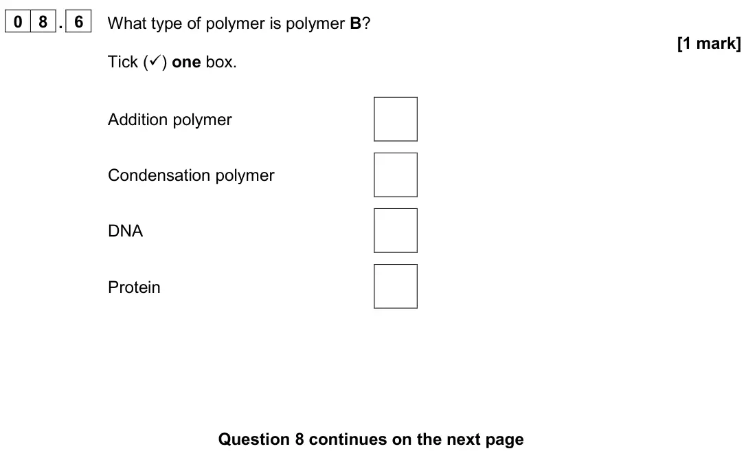 June 2024 Paper 2 Higher, question 08.6: What type of polymer is polymer B? [1 mark] Tick () one box. Addition polymer Condensation polymer DNA Protein
