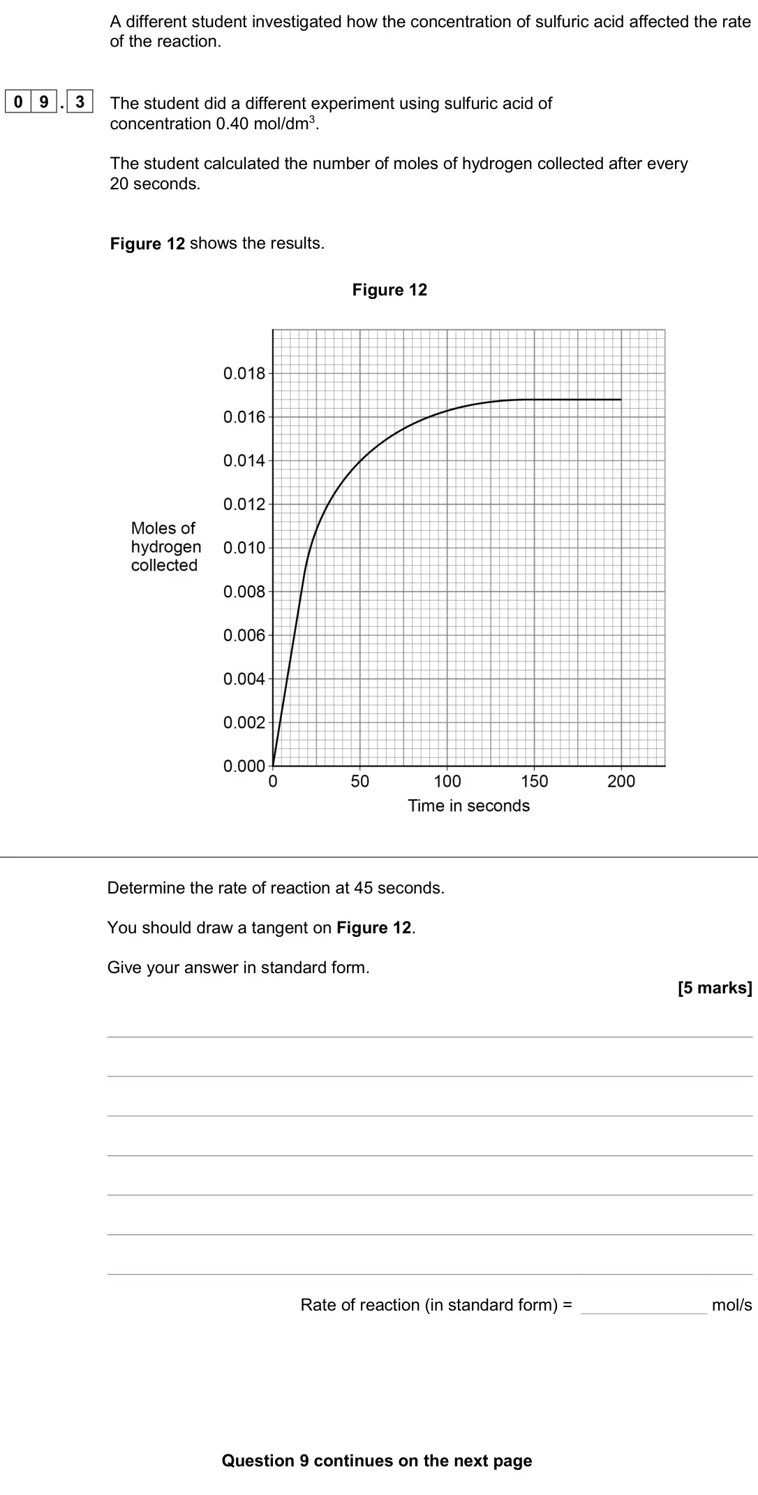June 2024 Paper 2 Higher, question 09.3: The student did a different experiment using sulfuric acid of concentration 0.40 mol/dm3. The student calculated the number of moles of hydrogen collected after