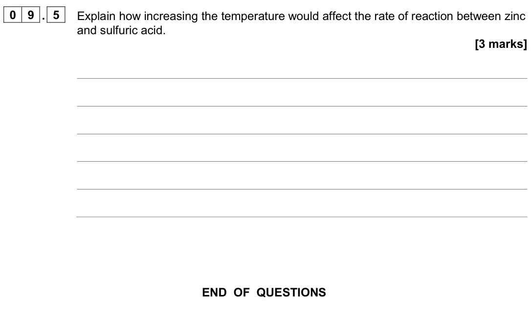 June 2024 Paper 2 Higher, question 09.5: Explain how increasing the temperature would affect the rate of reaction between zinc and sulfuric acid. [3 marks]
