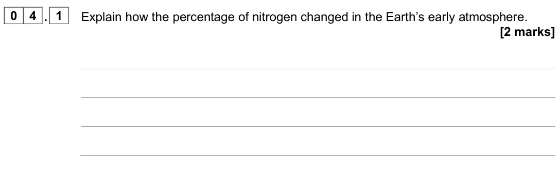 June 2025 Paper 2 Higher, question 04.1: Explain how the percentage of nitrogen changed in the Earth’s early atmosphere. [2 marks]