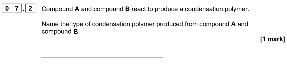 June 2025 Paper 2 Higher, question 07.2: Compound A and compound B react to produce a condensation polymer. Name the type of condensation polymer produced from compound A and compound B. [1 mark]