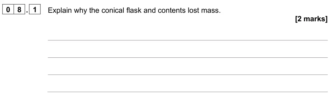 June 2025 Paper 2 Higher, question 08.1: Explain why the conical flask and contents lost mass. [2 marks]