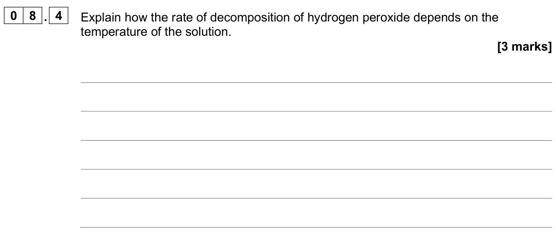 June 2025 Paper 2 Higher, question 08.4: Explain how the rate of decomposition of hydrogen peroxide depends on the temperature of the solution. [3 marks]