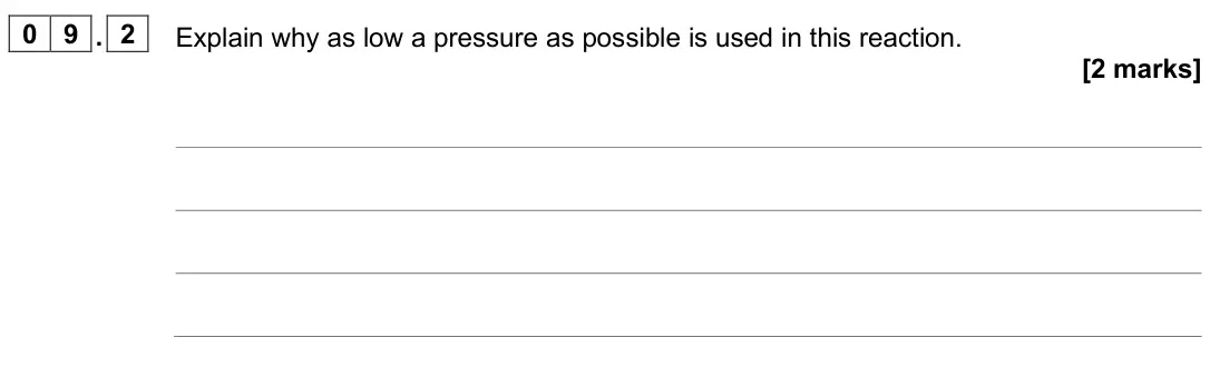June 2025 Paper 2 Higher, question 09.2: Explain why as low a pressure as possible is used in this reaction. [2 marks]