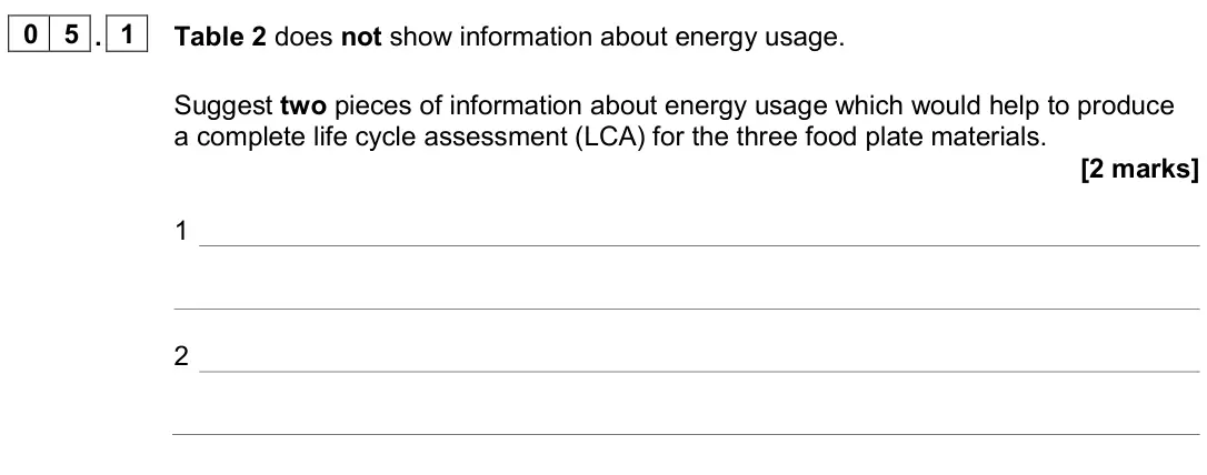 November 2020 Paper 2 Higher, question 05.1: Table 2 does not show information about energy usage. Suggest two pieces of information about energy usage which would help to produce a complete life cycle ass