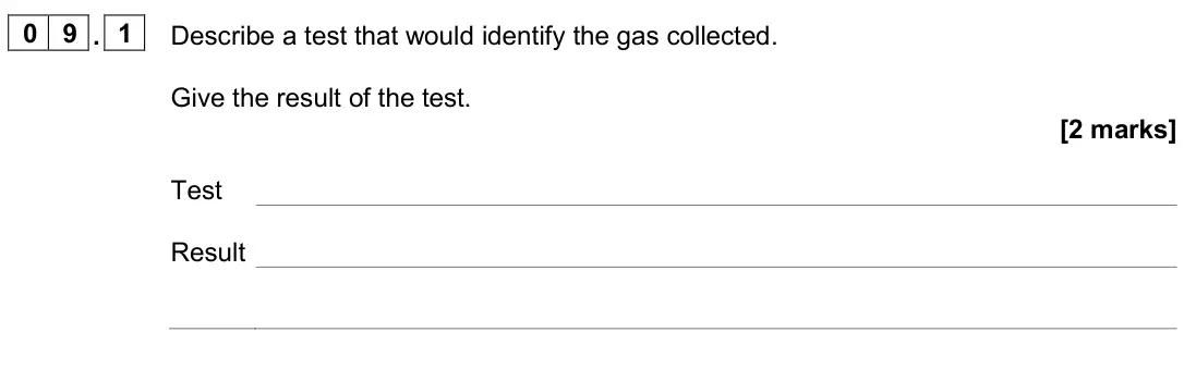 November 2020 Paper 2 Higher, question 09.1: Describe a test that would identify the gas collected. Give the result of the test. [2 marks] Test Result