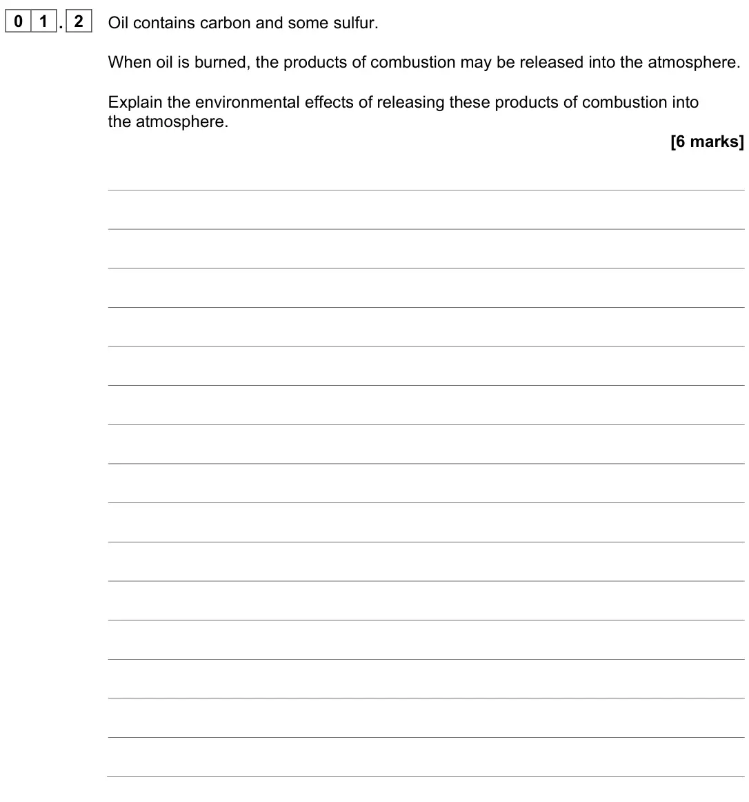 November 2021 Paper 2 Higher, question 01.2: Oil contains carbon and some sulfur. When oil is burned, the products of combustion may be released into the atmosphere. Explain the environmental effects of re