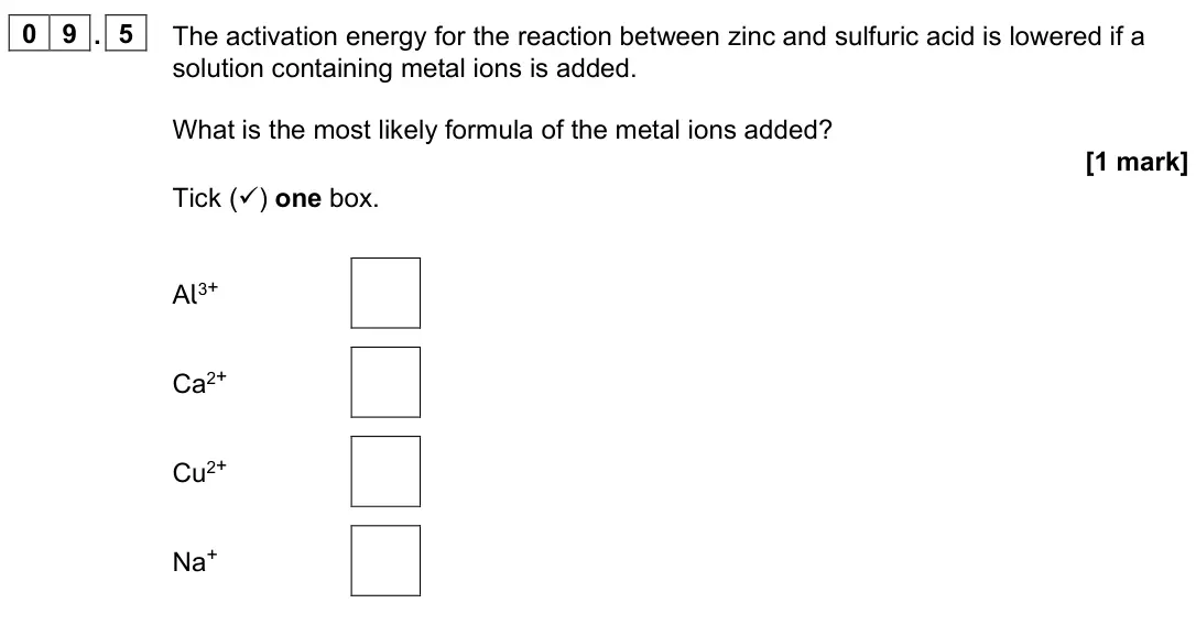 November 2021 Paper 2 Higher, question 09.5: The activation energy for the reaction between zinc and sulfuric acid is lowered if a solution containing metal ions is added. What is the most likely formula o