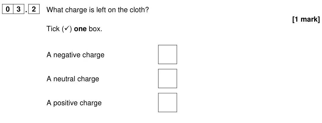 June 2022 Paper 1 Foundation, question 03.2: What charge is left on the cloth? [1 mark] Tick () one box. A negative charge A neutral charge A positive charge