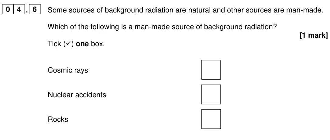 June 2022 Paper 1 Foundation, question 04.6: Some sources of background radiation are natural and other sources are man-made. Which of the following is a man-made source of background radiation? [1 mark] T