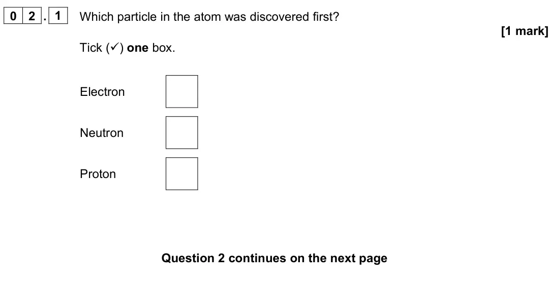 June 2023 Paper 1 Foundation, question 02.1: Which particle in the atom was discovered first? [1 mark] Tick () one box. Electron Neutron Proton