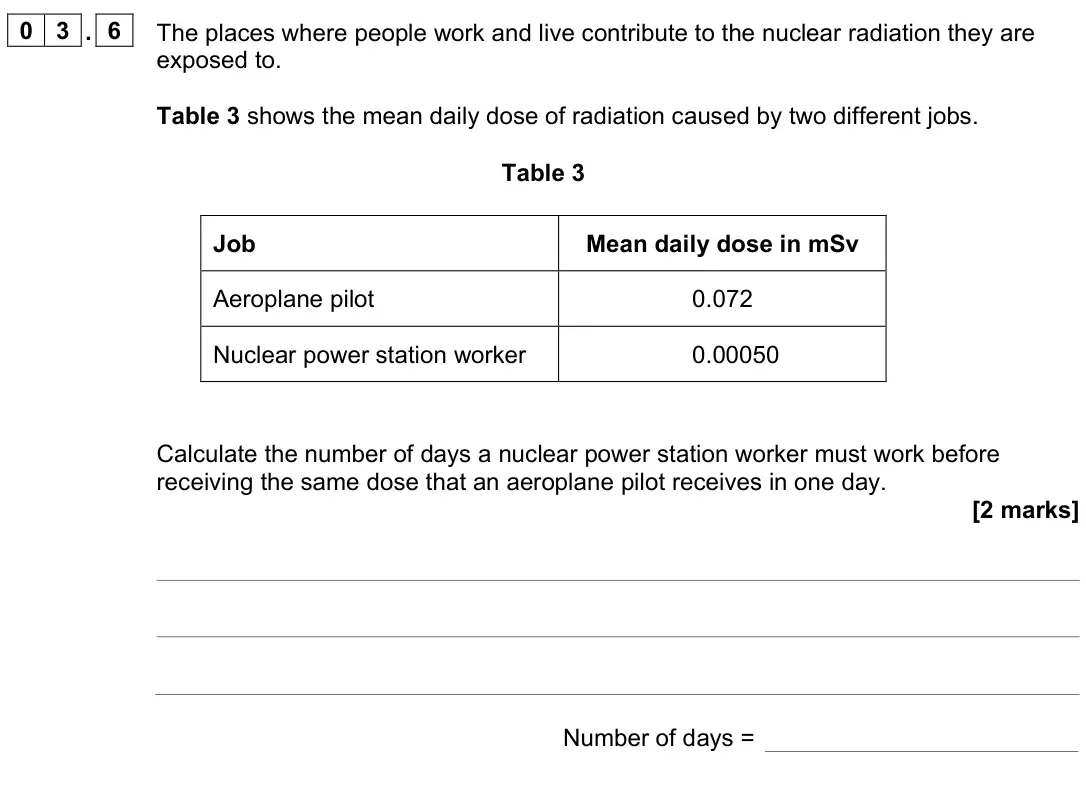 June 2023 Paper 1 Foundation, question 03.6: The places where people work and live contribute to the nuclear radiation they are exposed to. Table 3 shows the mean daily dose of radiation caused by two diff