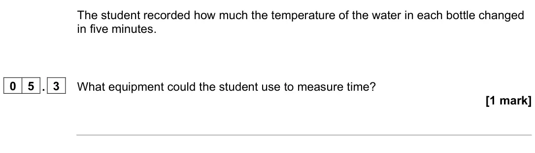 June 2023 Paper 1 Foundation, question 05.3: What equipment could the student use to measure time? [1 mark]
