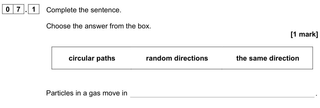 June 2023 Paper 1 Foundation, question 07.1: Complete the sentence. Choose the answer from the box. [1 mark] circular paths random directions the same direction Particles in a gas move in .