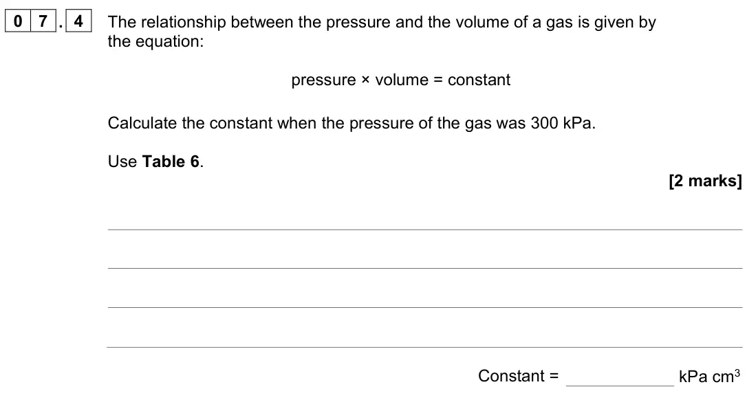 June 2023 Paper 1 Foundation, question 07.4: The relationship between the pressure and the volume of a gas is given by the equation: pressure × volume = constant Calculate the constant when the pressure of