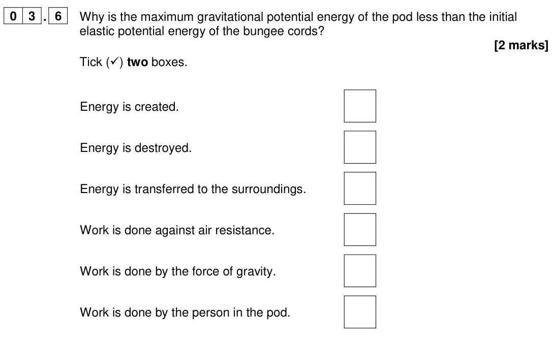 June 2024 Paper 1 Foundation, question 03.6: Why is the maximum gravitational potential energy of the pod less than the initial elastic potential energy of the bungee cords? [2 marks] Tick () two boxes. E