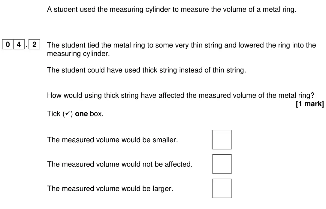 June 2024 Paper 1 Foundation, question 04.2: The student tied the metal ring to some very thin string and lowered the ring into the measuring cylinder. The student could have used thick string instead of t
