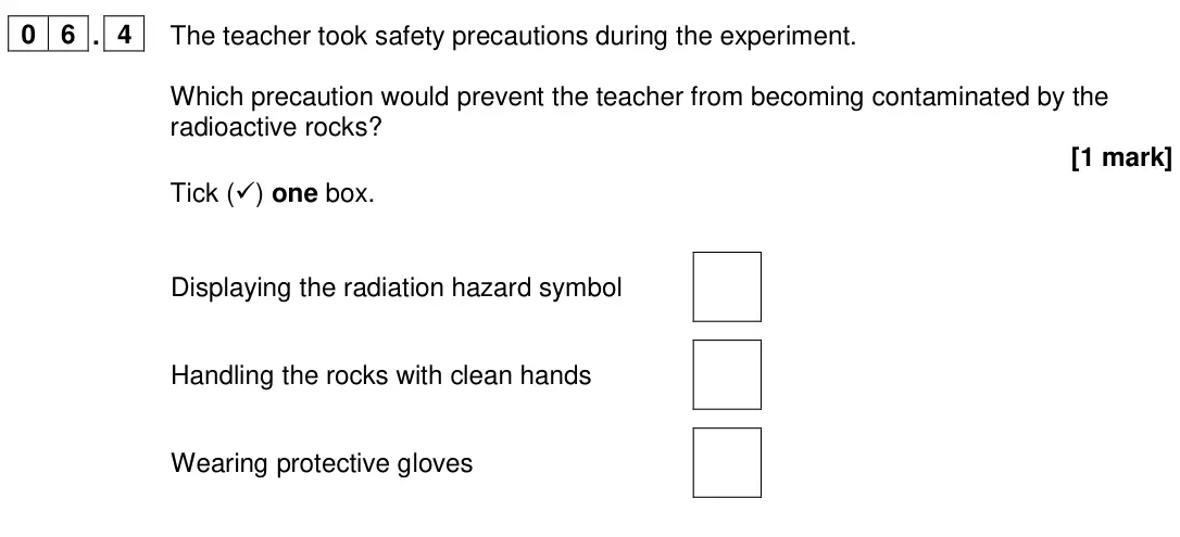 June 2024 Paper 1 Foundation, question 06.4: The teacher took safety precautions during the experiment. Which precaution would prevent the teacher from becoming contaminated by the radioactive rocks? [1 ma