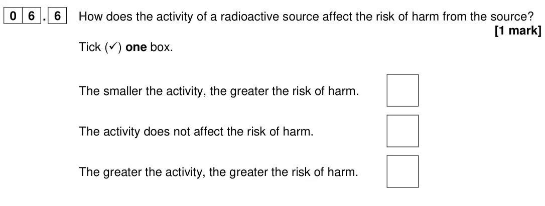 June 2024 Paper 1 Foundation, question 06.6: How does the activity of a radioactive source affect the risk of harm from the source? [1 mark] Tick () one box. The smaller the activity, the greater the risk